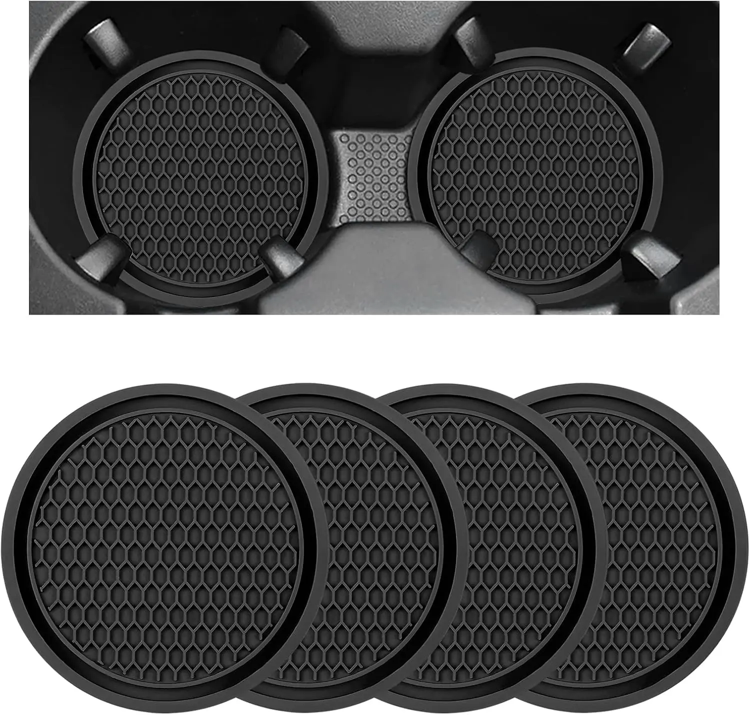 4 PCS Car Cup Coasters, 2.72" Non-Slip Silicone Auto Drink Holder Waterproof Cup Mat, Universal Honeycomb Shape Insert Coaster for Most Cars Trucks SUVs, Car Accessories (Black)