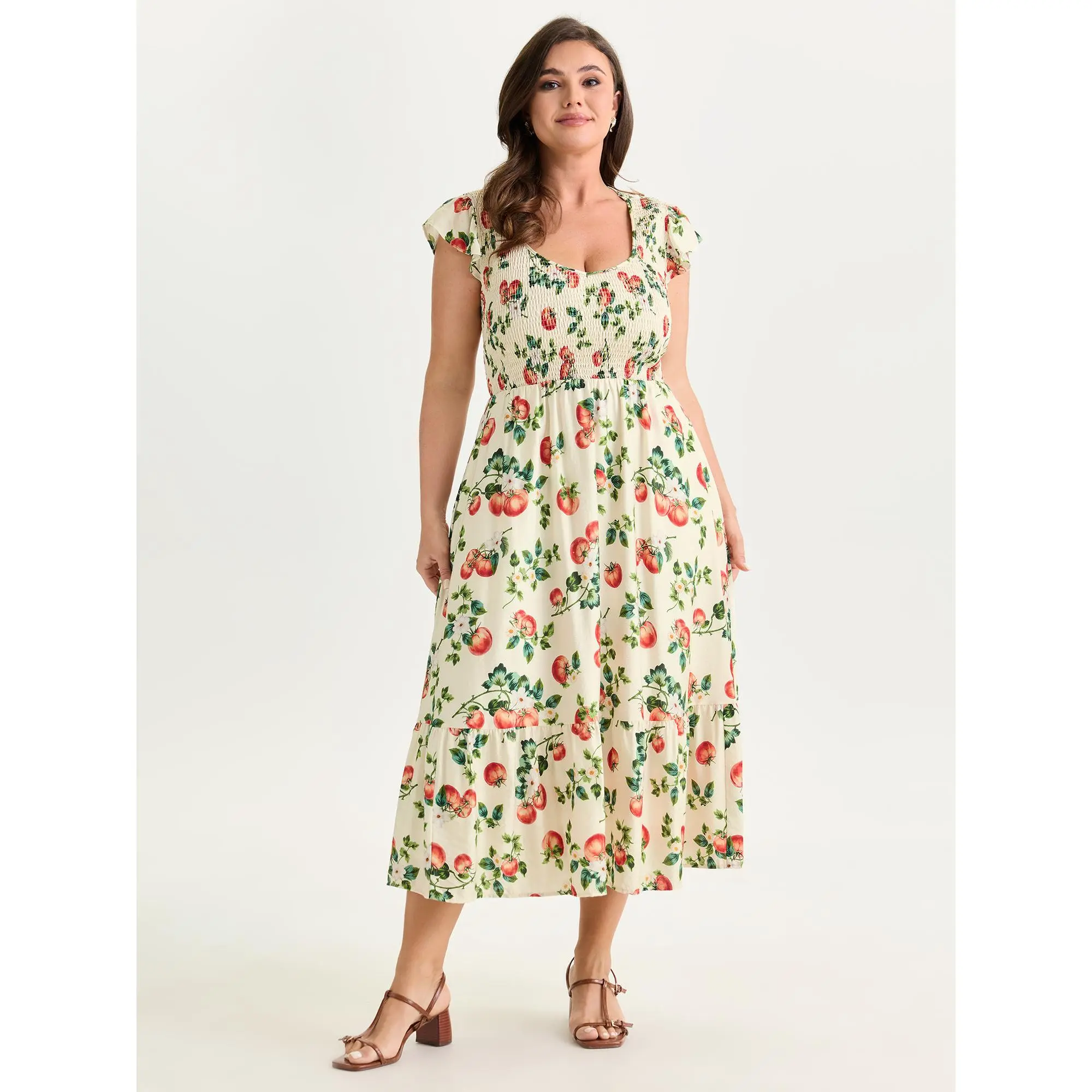 BLOOMCHIC Women's Plus Size Zesty Fruit Print Shirred Bodice Polyester Midi Dress - Casual Lady Garment,M-6X,  Spotlight Deals,Summerfinds