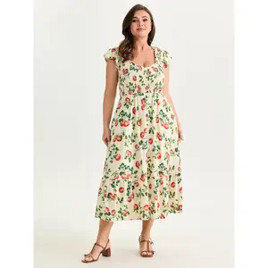 BLOOMCHIC Plus Size Zesty Fruit Print Shirred Bodice Midi Dress [M-6X]2026 Summer Vibes Swimweek