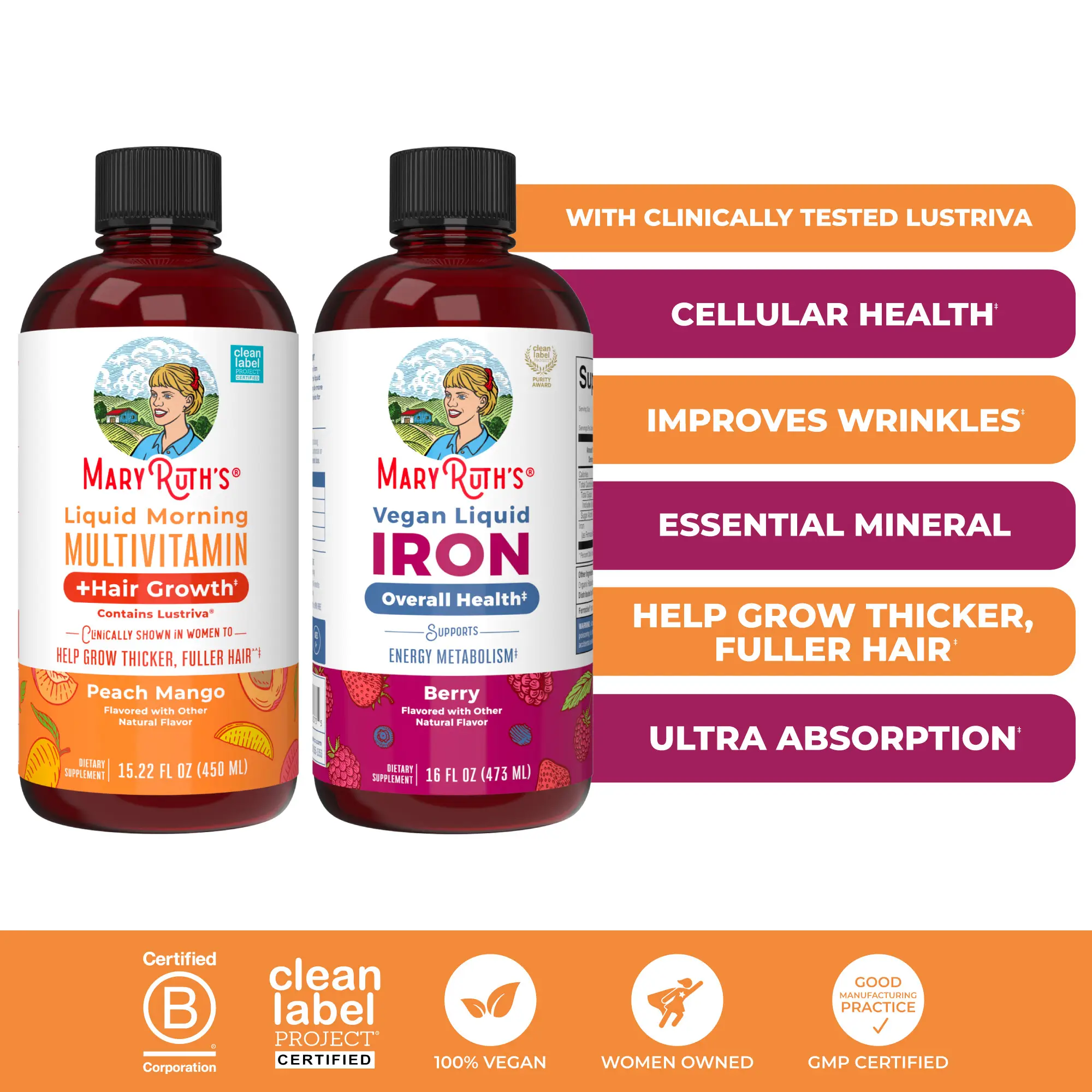 MaryRuth's Daily Health & Hair Growth + Iron Bundle - Liquid Morning Multivitamin + Hair Growth & Liquid Iron - Beauty Supplement