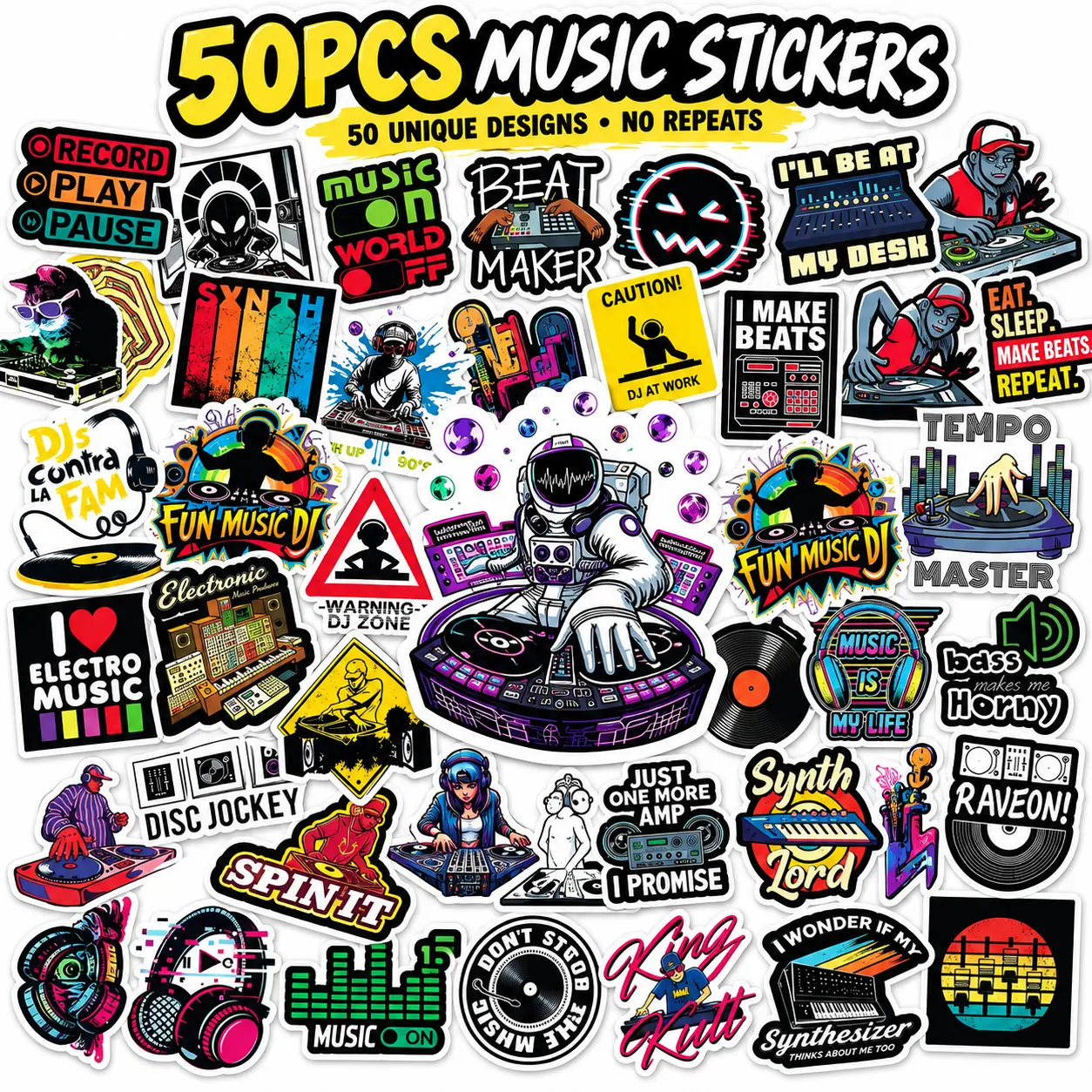 50PCS DJ & Electronic Music Stickers, Music Producer Beat Maker Vinyl Synth Stickers for Laptop, Water Bottle, iPad, Guitar Case & More