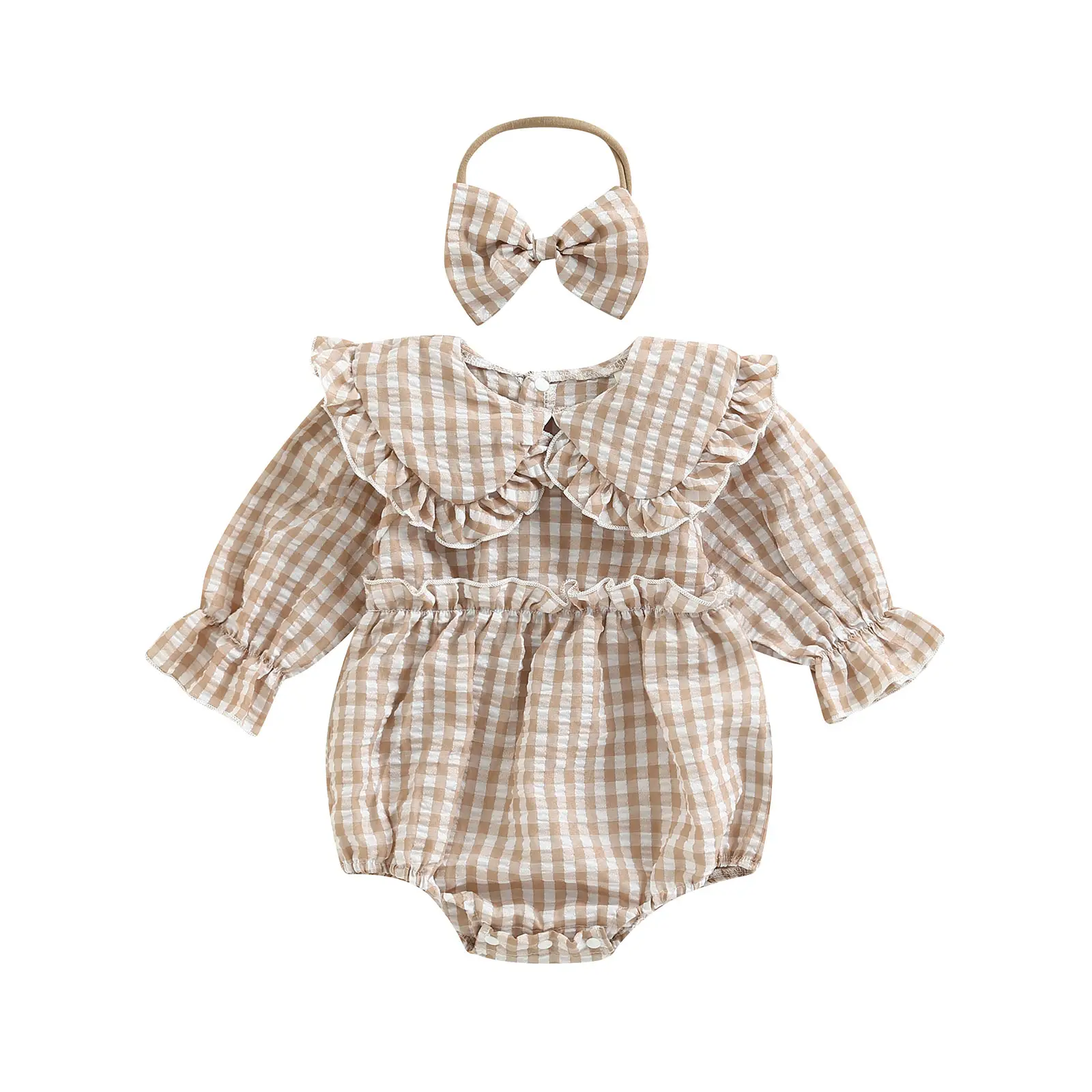 Newborn Baby Girl Clothes Gingham Plaid Bubble Romper Long Sleeve Ruffle Bodysuit with Headband Spring Fall Outfit Sets