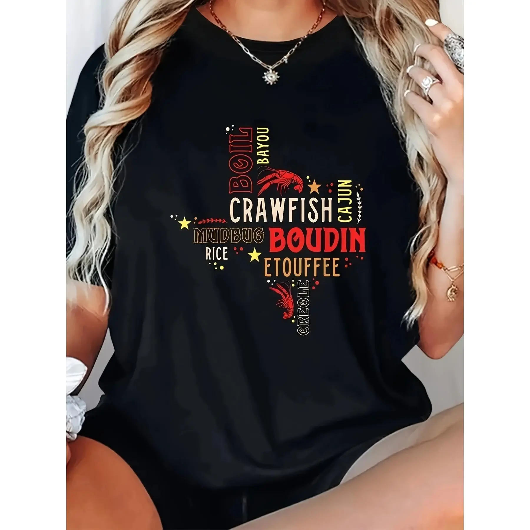 Women's Casual Graphic Tops with Vintage Cajun Boudin & Crawfish Print, 100% Cotton Knit Short Sleeve Round Neck, Digital Print, Elegant, Basic, Drape Detail, All Seasons, Crew Neck, Dry Clean, Knitting, Machine Washable, Minimalist Basic, Medium Stretch,