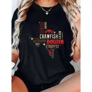 Women's black 180g cotton crew neck short sleeve t-shirt with vintage style Cajun boudin crawfish word print, ideal for spring summer, casual, comfortable trend for parties and family gatherings. Modern and youthful look.