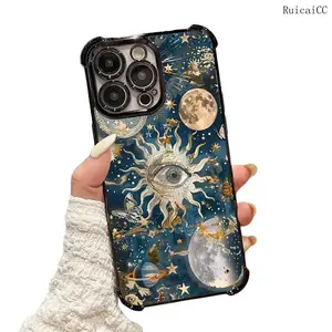 Celestial Sun and Moon themed Pattern Four Comers Air Cushion Anti-drop phone case Suitable for iPhone 16 15 14 13 12 11 Pro Max Plus electroplated Shockproof case Screen Protector Protection Protective Cover Smartphone Casing