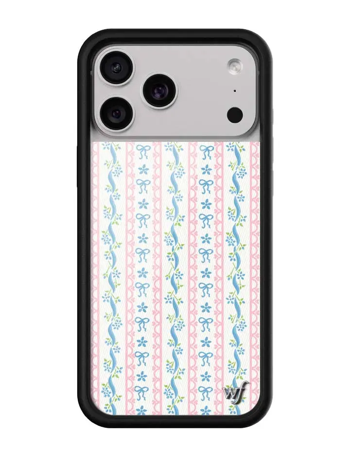 Dollhouse | Limited Edition Trendy Collab iPhone Case | Raised Protective Black Bumper | Women Owned Small Business | Baby Blue Ribbons Green Leaves Pink Bows Blue Flowers | Safety Casing Protective | Gift for Her