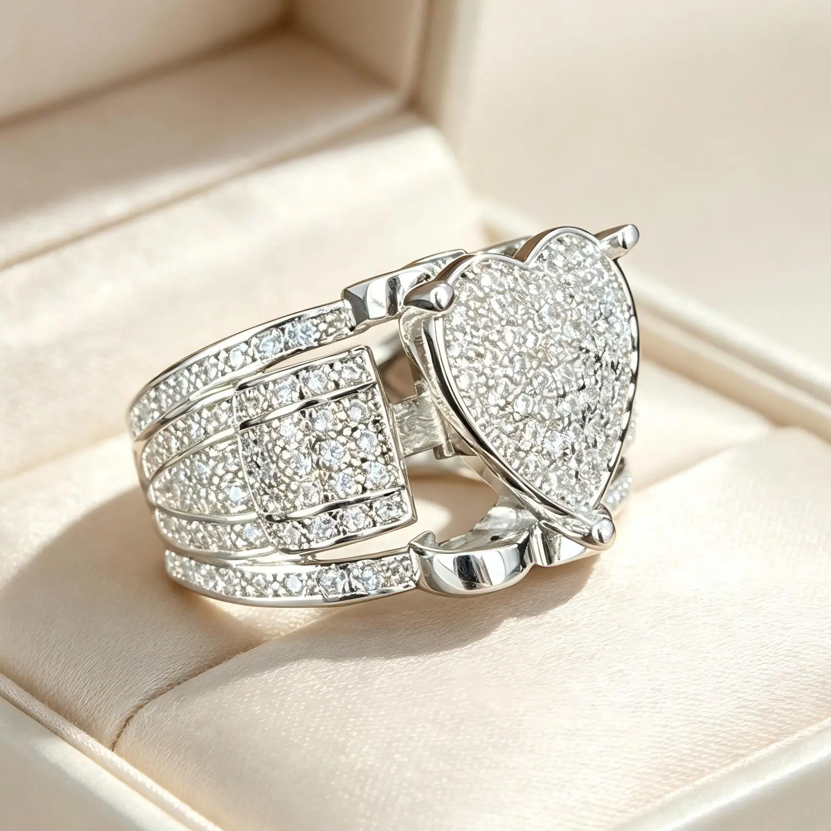 Pave Heart Stackable Ring Set, Multi-Row Wide Band Matching Stacker, Romantic Bridal Engagement Statement Jewelry