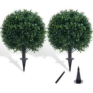 Artificial Boxwood Topiary Ball Bush for Outdoor, UV Resistant Faux Boxwood Ball Tree with Stake, Weatherproof Round Fake Shrubs Plants