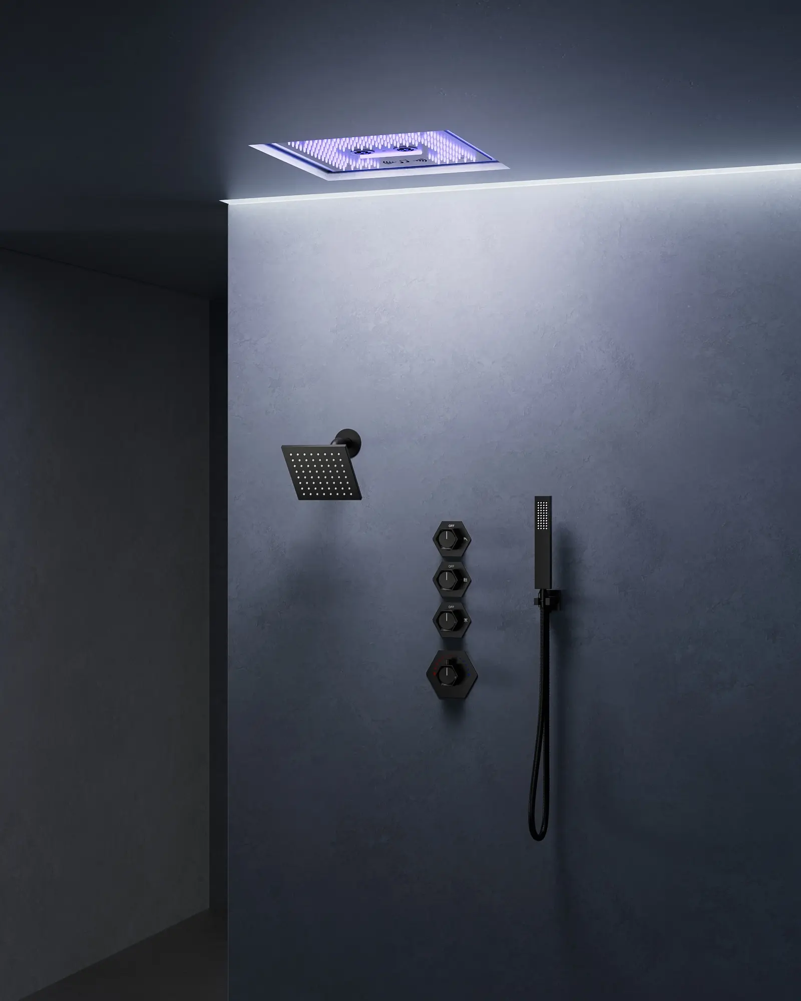 16" High-Pressure Rainfall Complete Shower System with Bluetooth Music and LED,  Rough in-Valve, 2.5 GPM | Smart Temp Flow | 17 Spray patterns | Revitalize with Body Jets | Stable Water Temperature | Precision Temperature Control wall mount