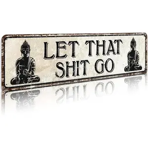 2D Flat, Let That Shit Go Funny Bathroom Sign - Vintage Metal Wall Decor with Bold Black Letters - Humorous Home, Office, or Party Decoration - Easy Hang Metal Tin Art Plaque - Funny Housewarming Gift (4x16 Inches)