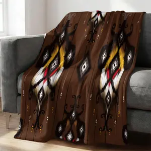Boho Ikat Geometric Throw Blanket, Tribal Ethnic Flannel Blanket, Ultra Soft Warm Blanket, Aztec Southwestern Gift Blanket for Boho Style Bedroom & Sofa