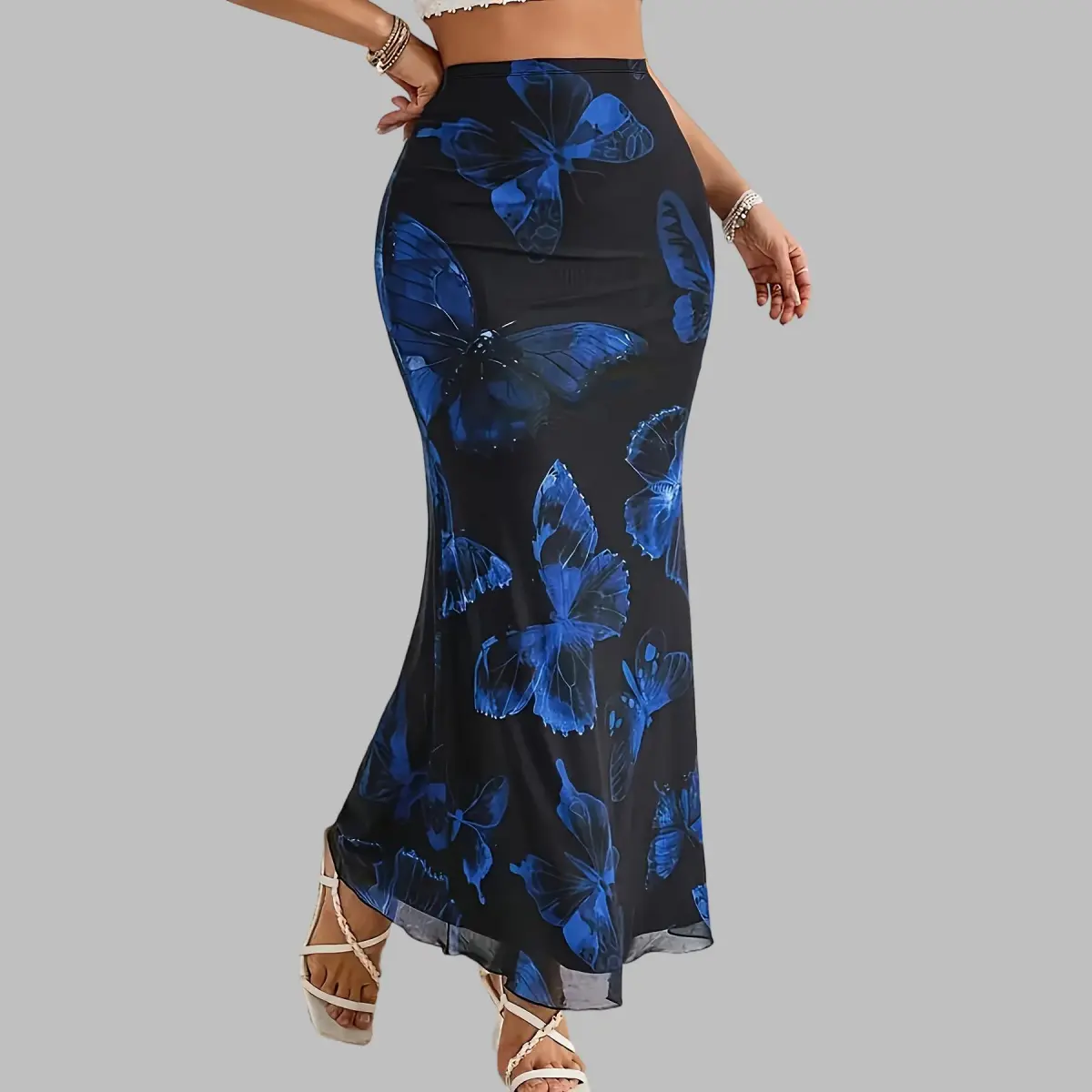Women's Sheer Mesh Maxi Mermaid Skirt Lined Bodycon Fitted Wrap Flared Fishtail Hem Long Skirts Flowy Swing Royal Blue Butterfly Print Gentle Chic Casual Versatile for Summer Vacation Beach Dates Party Daily Outfits Womenswear
