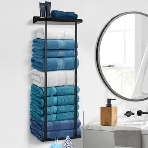 Wall-Mounted Towel Rack & Holder - Rust-Resistant Bathroom Organizer with No Drill Installation, Space-Saving Design for Kitchen, Laundry Room, Retractable Height Metal Towel Rack with Reliable Hooks