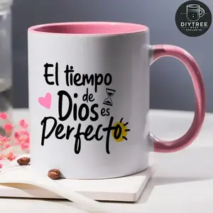 1pc 11oz offee mug offee cup Ceramics Coffee Mug El Tiempo de Dios Es Perfecto" Reusable, Dishwasher Safe, Microwave Friendly, Multipurpose Cup for Hot & Cold Beverages, Ideal Gift for Spanish Speakers, Heart Graphic Design, Hot Cold Beverages