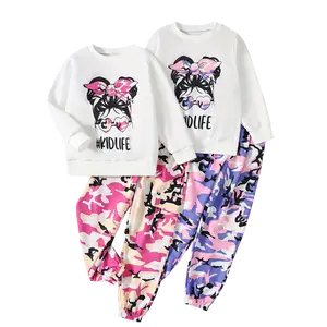 4-piece girls' spring fashion comfortable printed long-sleeved tops and elastic waist printed fashionable jogging pants suit children's daily leisure breathable durable children's suit