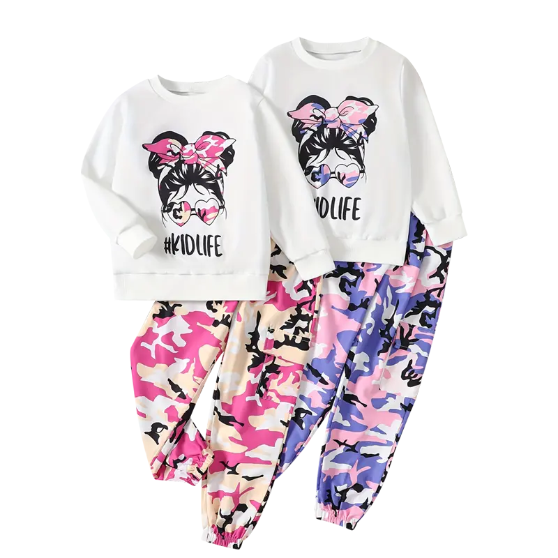 4-piece girls' spring fashion comfortable printed long-sleeved tops and elastic waist printed fashionable jogging pants suit children's daily leisure breathable durable children's suit Sweatshirts Sweatpants