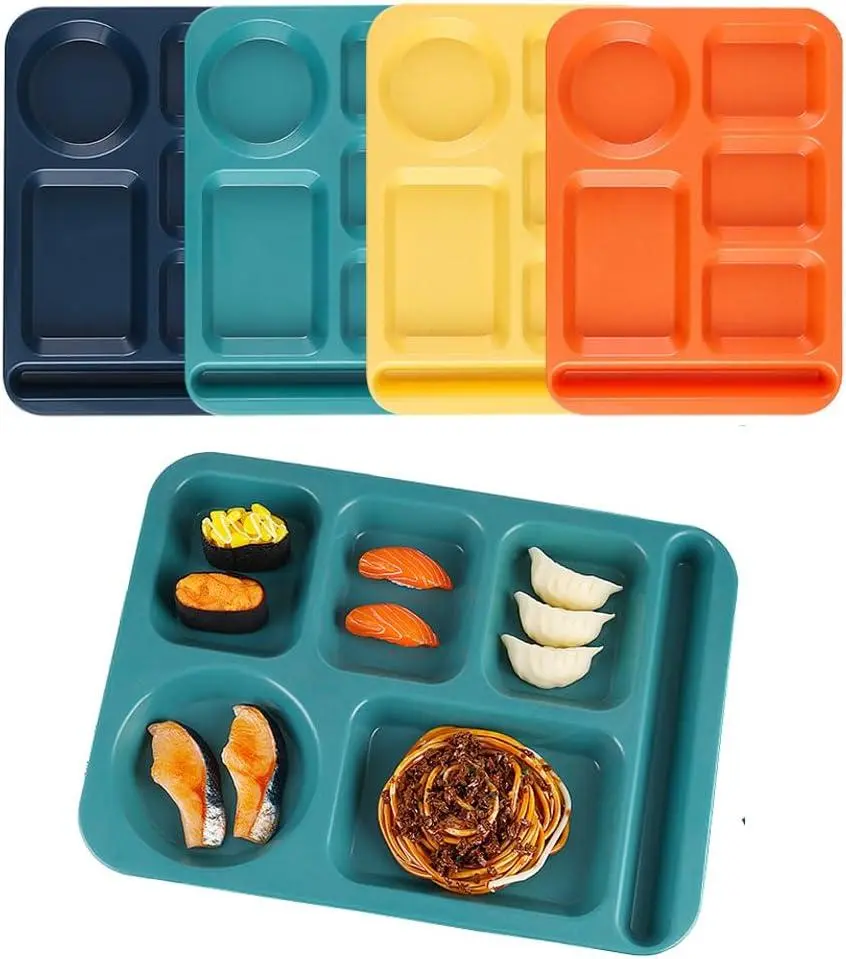 Unbreakable Divided Plates for Adults,4 Pack 14 Inch Reusable Portion Control Plate,6 Compartments Food Serving Tray for Kitchen Picnic,Dishwasher and Microwave Safe,Lightweight Plates for Daily Use AIYoo Family Plastic