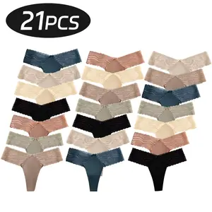 Women’s 21-Pack Low-Rise Cotton Thong Panties with Lace Gusset | Basic Bikini Style | Soft, Comfortable, Breathable | Fashionable Minimalist Women’s Underwear | Invisible, Seamless | Everyday Wear | Outdoor Must-Have | Valentine’s Day Gift Fit Matching