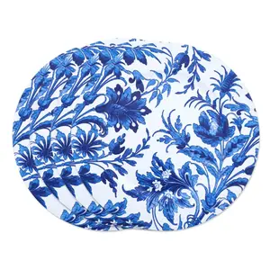 SARO CH016.IN14R 14 in. Round French Style Floral Print Decorative Charger Plate Indigo - Set of 4