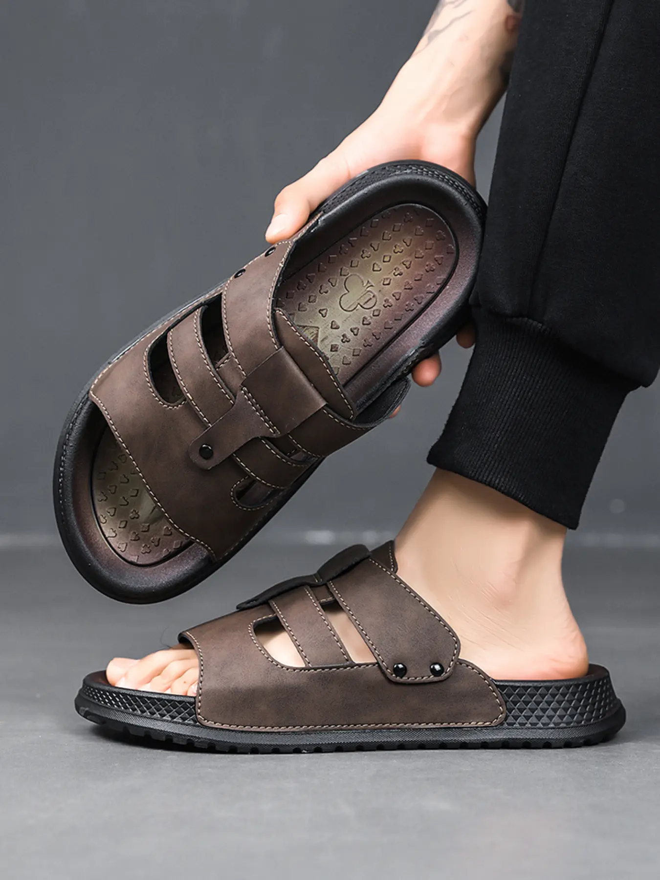 Men's Retro Brown Genuine Leather Slides Sandal: Anti-Slip Thick Sole, Casual Outdoor Slippers Footwear