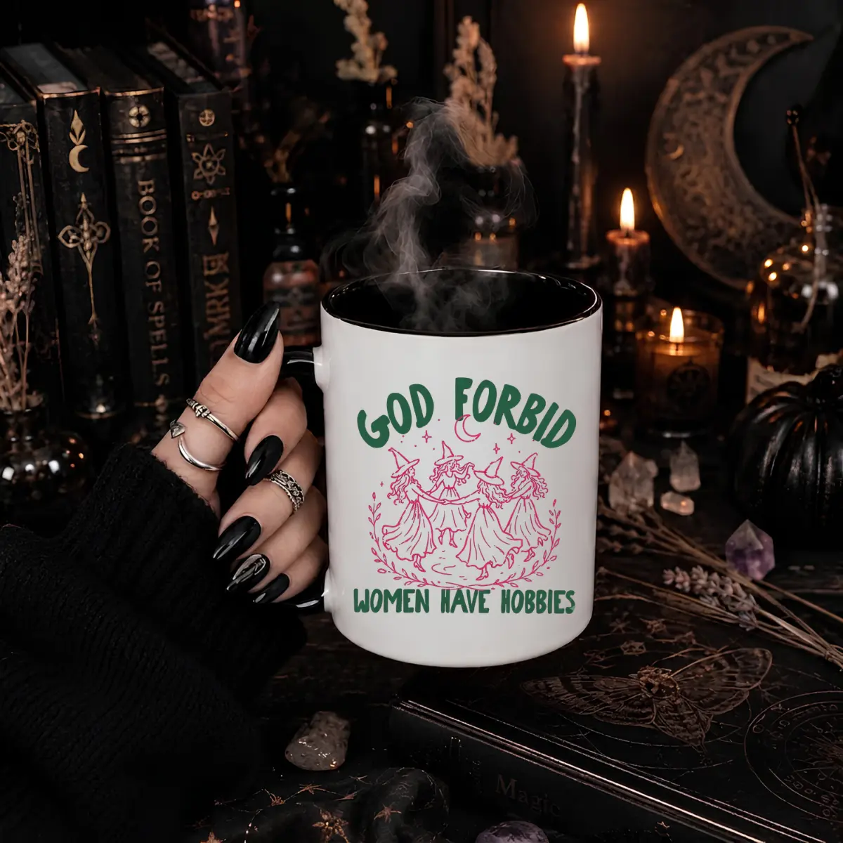 God Forbid Women Have Hobbies Mug Funny Feminist Witch Coffee Mug Retro Halloween Witchy Gift Cute Coven Mug Gothic Fall Coffee Cup Gift for Her