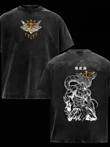 Vintage Washed Black Anime T-Shirt | Makora Shikigami Graphic Tee | Oversized Streetwear Top, Perfect Gift,Cool Shirts,Graphic Washed Oversized Tees for Men & Women,Summer Round Neck Short Sleeve ,Sports Shirt,Workout T-shirt