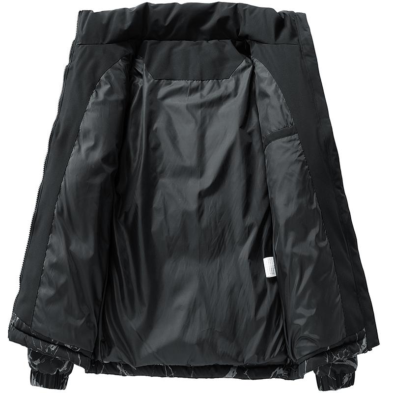 Men's Black Marble Print Stand Collar Puffer Jacket, Stylish Winter Warm Casual Down Coat