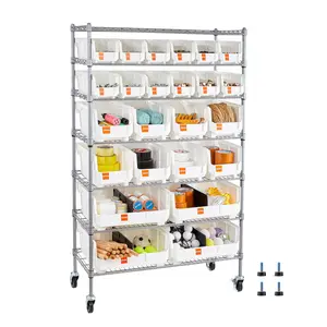 VEVOR 7-Tier Adjustable Rolling Bin Storage Rack, Steel Wire Shelf System with 24 Organizer Bins & Rubber Wheels, Mobile Tool Organizer for Garage, Warehouse