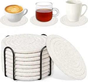 8 Pack Drink Coasters with Holder, Absorbent Coasters for Coffee Table, Minimalist Cotton Woven Coaster Set for  Decor Tabletop Protection Suitable for Kinds of Cups, 4.3 Inches.