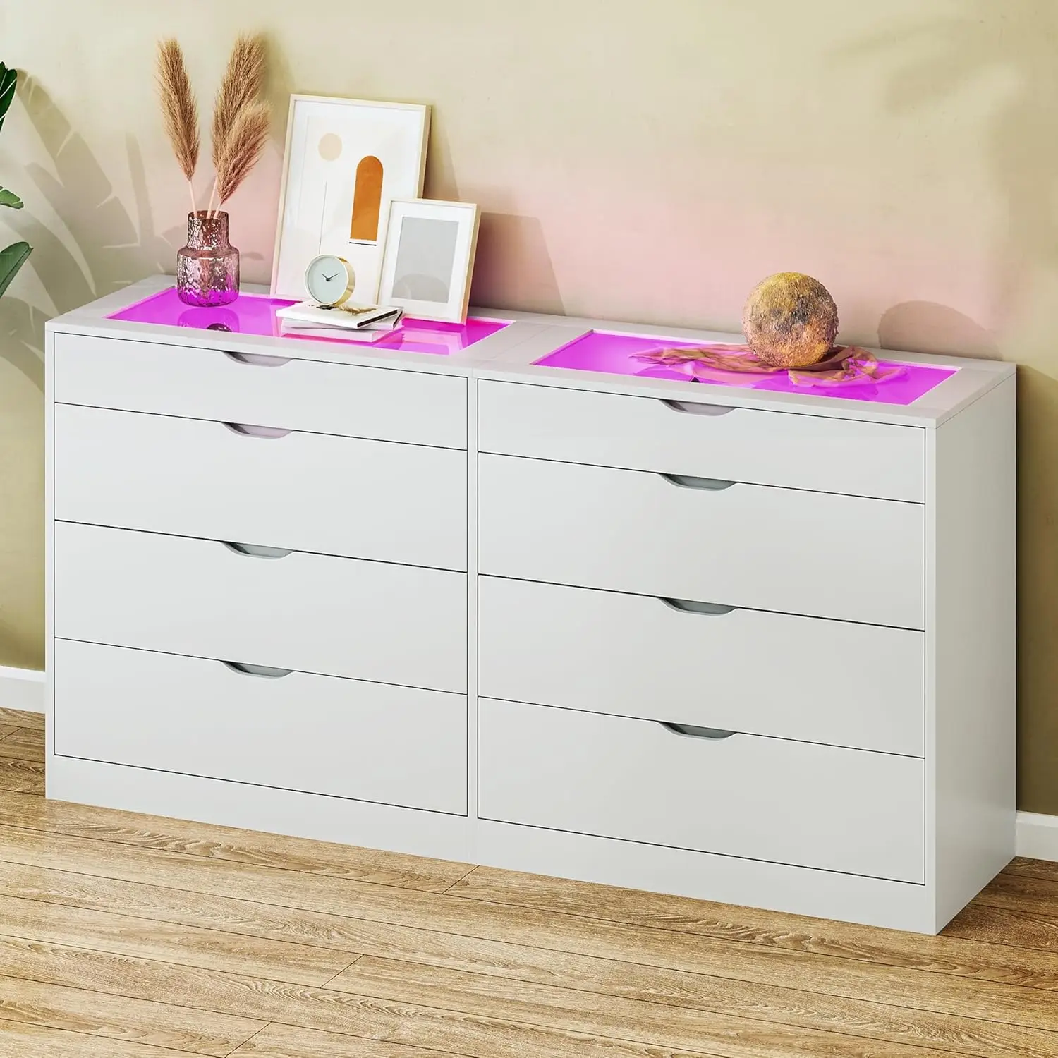 8 Drawer Dresser for Bedroom, White Dresser for Bedroom with LED, 55.1''W Chest of Drawers with Glass Top, Modern Double Wide Drawer Large Dresser for