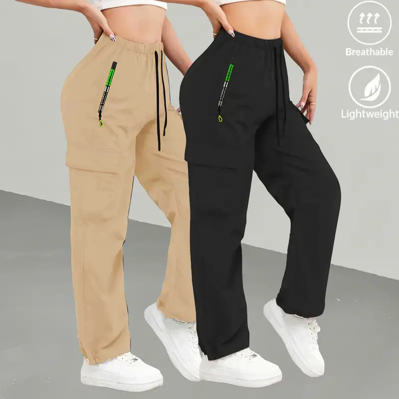 Women's 2-Pack Cargo Pants - Casual Cargo Style High-Waisted Trousers with Zippered Pockets, Lightweight Quick-Dry Stretchy Spandex, Extra Elastic High-Elastic Pants for Summer Hiking