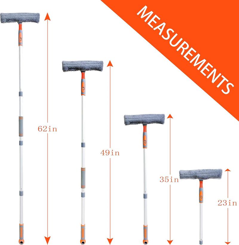 Professional Window Squeegee Cleaner, 2 in 1 Shower Squeegee with Extension Pole, 62‘’ Telescopic Window Washing Equipment with Bendable Head, Glass Cleaning Tools for Indoor/Outdoor High Window