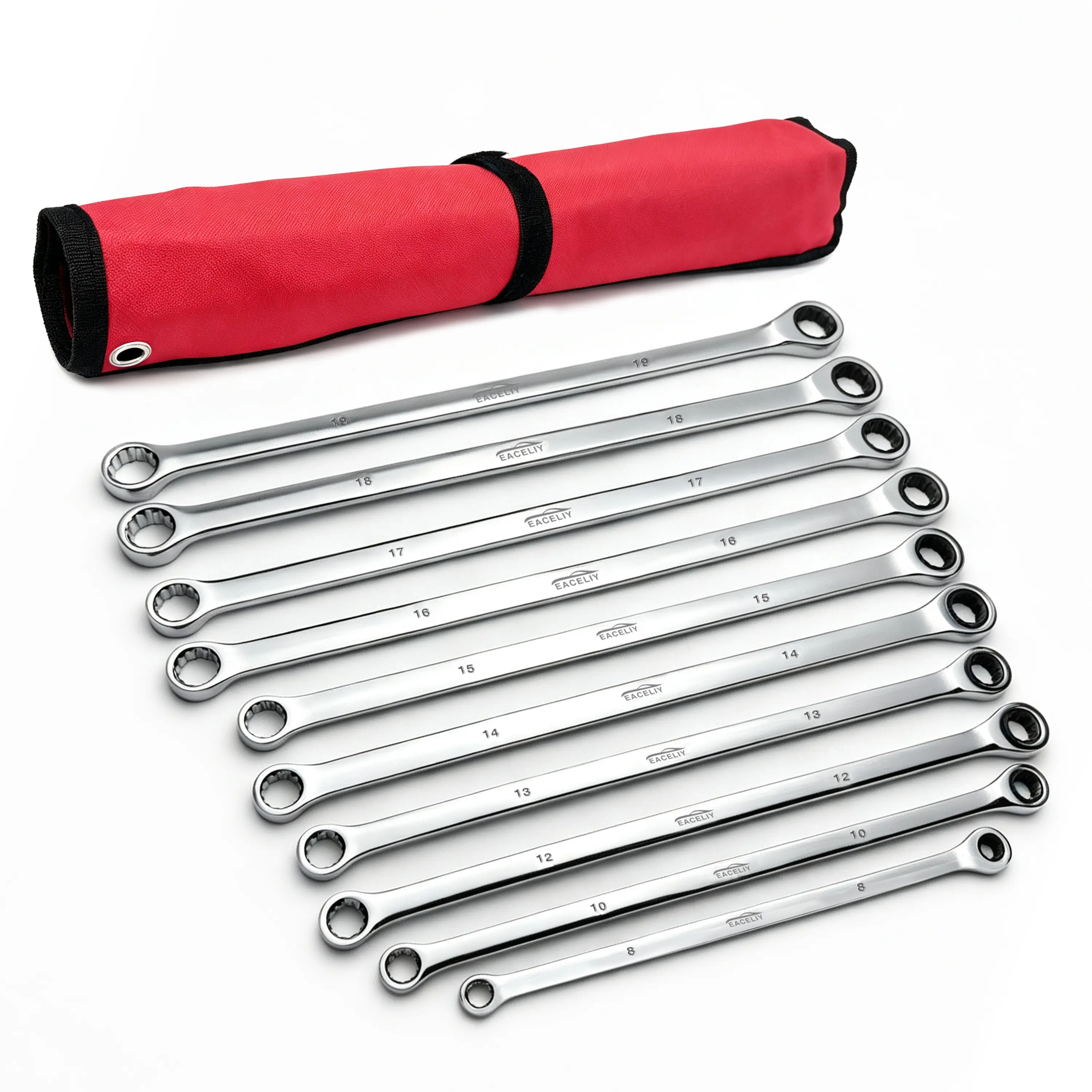 10PCS Extra Long Ratcheting Wrench Set,Anti-Slip Double Box Wrenches Set, Metric 8-19mm, 72-Tooth, CR-V Steel, with Rolling Pouch