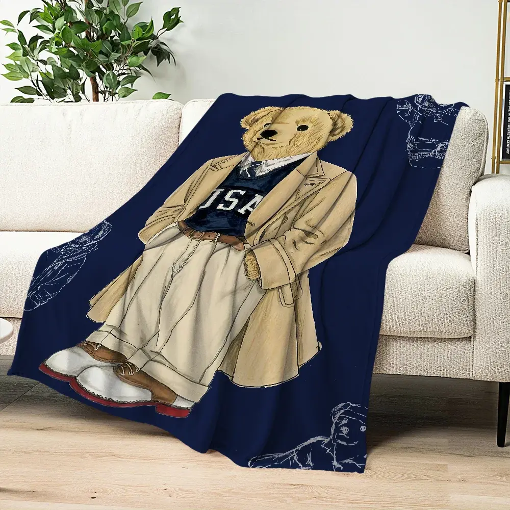 Flannel Soft Plush Blanket with Cartoon B-Bears & P-P-PoloS Print, All-Seasons Unisex Throw for Sofa, Bedroom, Travel Gift (Textiles & Soft Furnishings Bedding Linens)