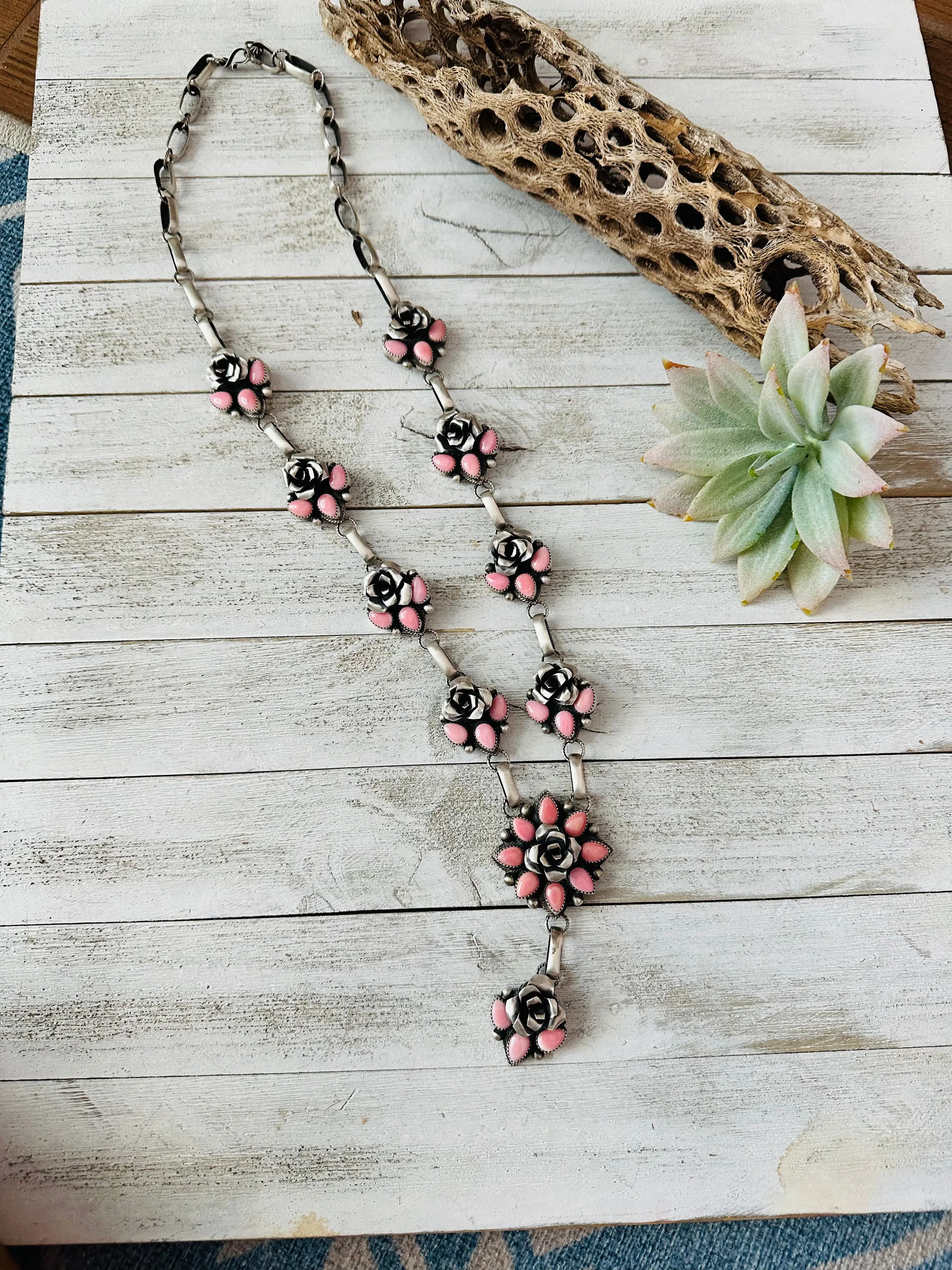 Handcrafted Sterling Silver & Queen Pink Conch Shell Flower Necklace