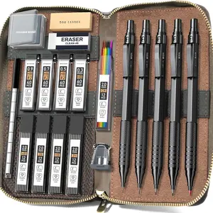 Metal Mechanical Pencil Set in Leather Case, 5 count Art Drafting Pencil 0.3, 0.5, 0.7, 0.9 & 2mm Lead Holder, 9 Tube (4B 2B HB 2H Colors) Lead Refills for Drawing, Sketching, Writing (Black)