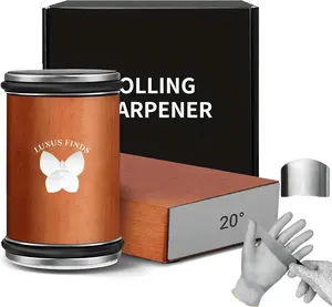 Rolling Knife Sharpener Kit with 15° & 20° Angles – Diamond & Ceramic 2-Stage Magnetic Knife Sharpener Set with Cut Resistant Gloves & Finger Guard | Beech Wood Kitchen Knife Sharpening Tool