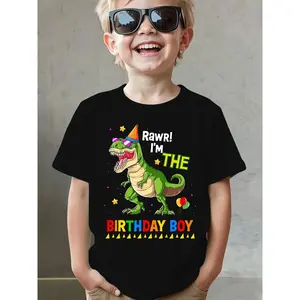 [Dinosaur Birthday T-Shirt] Boys' Summer Fashion Short-Sleeve T-Shirt | "RAWR! I'M THE BIRTHDAY BOY" Dinosaur Print Birthday Element Casual Top