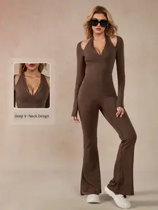 Women's Sporty V-Neck Long Sleeve Jumpsuit, Slim-Fit Yoga & Gym Wear, Workout Jumpsuit, Sportswear Jumpsuits, Versatile Outdoor Running Cycling Hiking