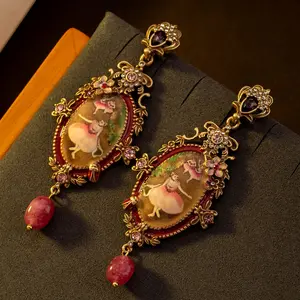 Medieval temperament versatile retro oil painting ballet girl stud earrings old flowers bee relief light luxury carved earrings