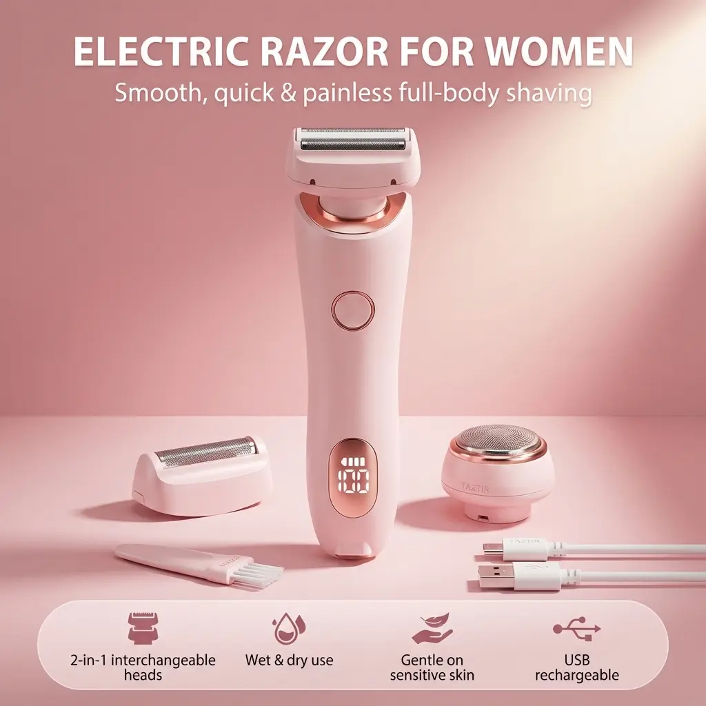 Bikini Trimmer for Women, Dual Head Electric Razor for Face, Legs & Body, Fast Hair Removal Shaver with LED Display, Waterproof Wet & Dry Use, Washable Women’s Grooming Trimmer