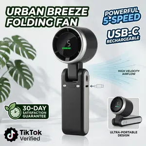 5000mAh-Turbo Mini Portable Fan, Portable Handheld Turbo Fan, 3 In 1 Mini Folding Fan, Rechargeable Digital Display And Adjustable, 5 Wind Speeds, Battery Powered, Suitable For Travel/Camping/Office, (White+Black+Pink)