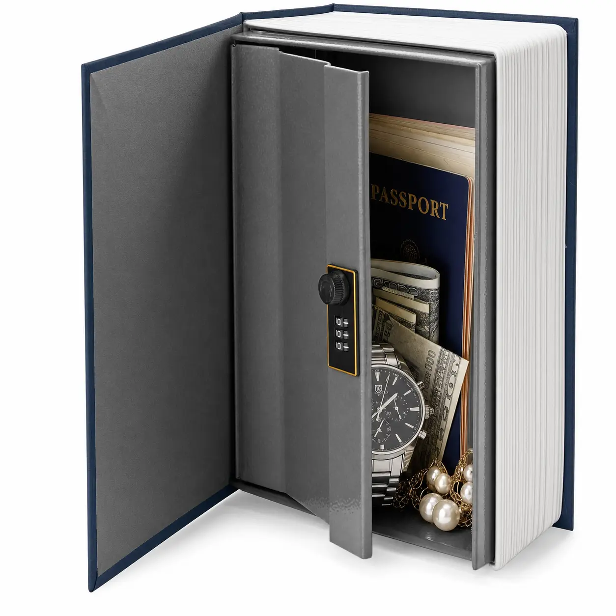 Book Shape Hidden Storage Box with 3-Digit Settable Code Lock, Steel Inner Compartment for Cash, Jewelry, Passport & Small Valuables, Portable Safe for Dorm Room & Office, Ideal for Students