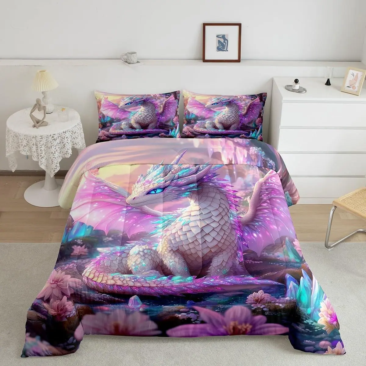 Feelyou Kids Dragon Duvet & Comforter Set - Digital Art Watercolour Floral Print, Mystery Animals & Geometric Crystal Design, Soft Breathable 3D Flower Pink Quilt, Modern Bedroom Multi-Size Kid Bedding (Twin/Toddler/Full, Tumble Dry Low Heat)