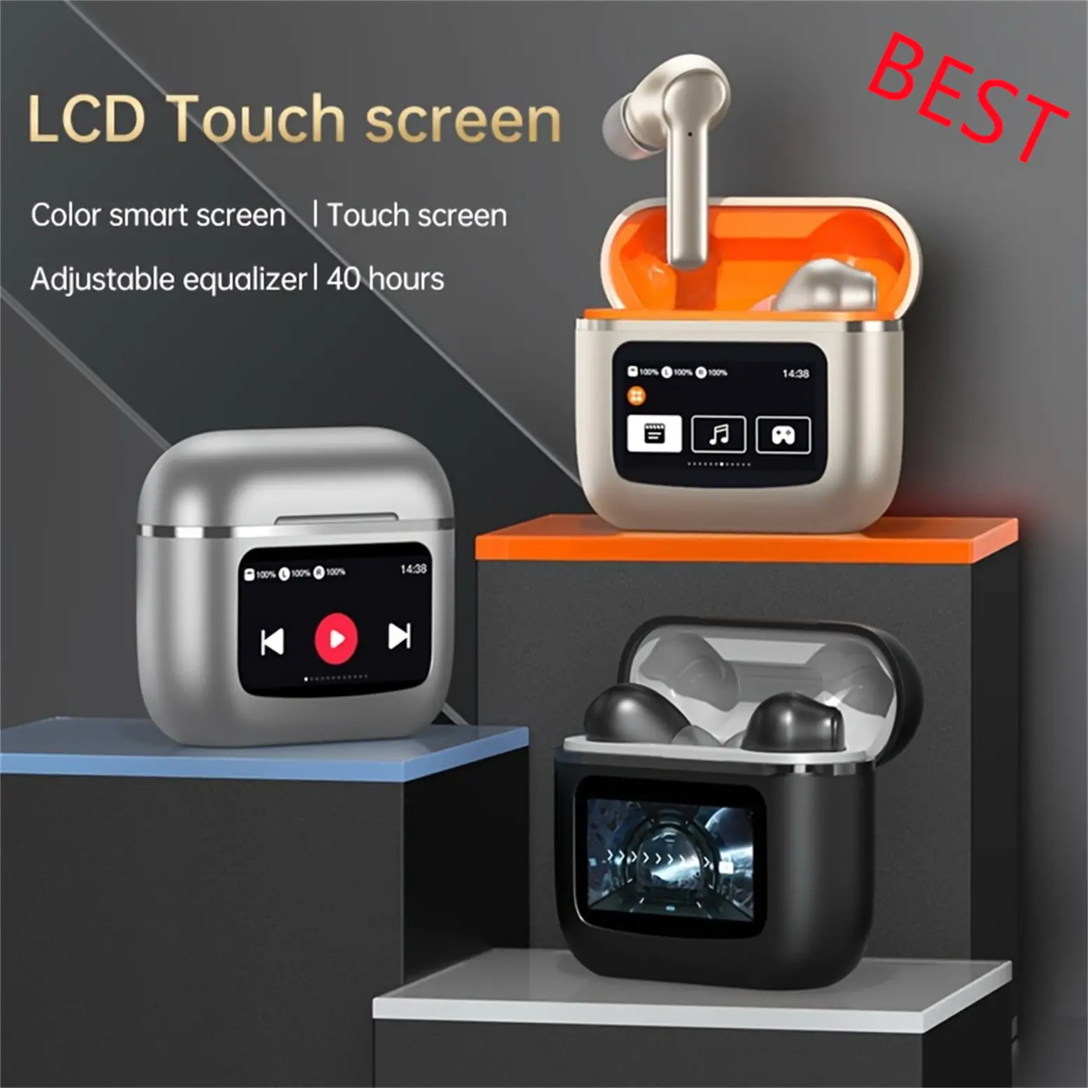 HOT Wireless Earbuds with LCD Touch Screen Display  Smart Noise-Canceling Sleep-Aid Earphones  Ergonomic Design  40-Hour Long Battery Life  Rechargeable Lithium Polymer Battery  Includes Charging Case and Data Cable