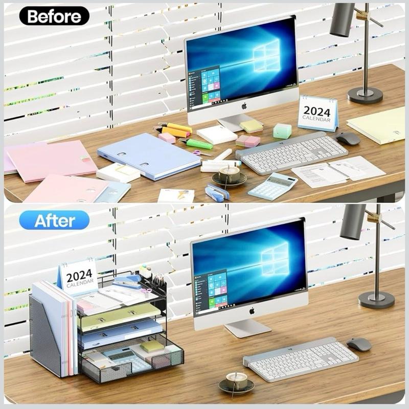 OPNICE Desk Organizer, 4-Tier Desktop File Organizer with Drawer and 2 Pen Holders, Office Desk Accessories, File Sorters, Workspace Organizers for Office Supplies(Black)
