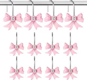 12 Pcs Bow Shower Curtain Hooks, Resin Pink Shower Curtain Hooks Rustproof Stainless Steel, Cute Bow Bathroom Decor for Babys Girls Bathroom Accessories