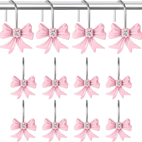Girls’ 12-Pc Cute Resin Bows Slip-On Shower Curtain Hooks Set - Hanging Metal Artistic Design Rings, Rustproof Steel, Wet-Safe, <1.2" Vintage Nail Diamond Accents, Stocking Hang Ready, Easy Install, Daily Elegance, All Seasons Bathroom Decor