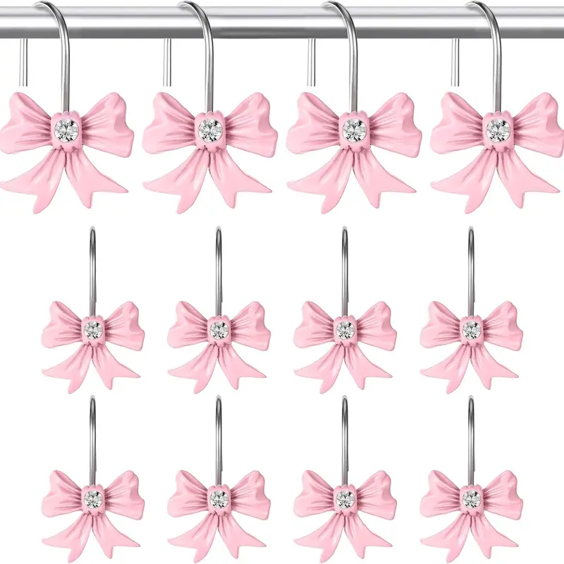 Girls’ 12-Pc Cute Resin Bows Slip-On Shower Curtain Hooks Set - Hanging Metal Artistic Design Rings, Rustproof Steel, Wet-Safe, <1.2" Vintage Nail Diamond Accents, Stocking Hang Ready, Easy Install, Daily Elegance, All Seasons Bathroom Decor