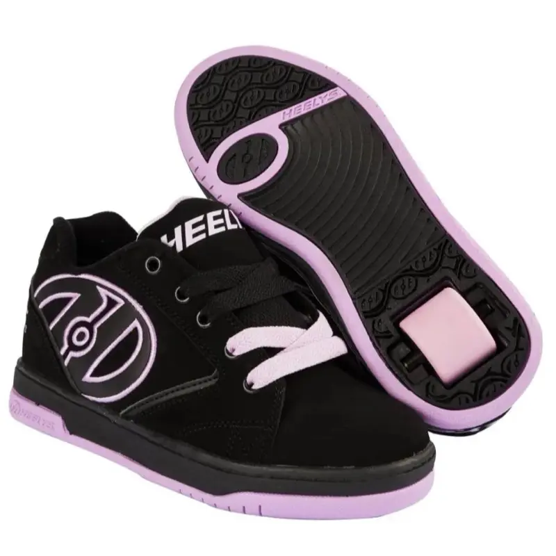 Black/Lilac Heelys Propel with oversized logo, and dual density lightweight outsole for better comfort. The shoelaces are in two colors - lavender and black. They have a mega wheel under each shoe for improved grip and balance.